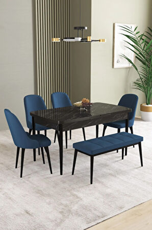 Milas Beyaz Mermer Desen 80x132 MDF Açılabilir Yemek Masası Takımı 4  Sandalye