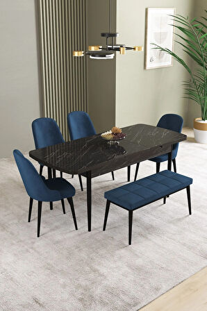Milas Beyaz Mermer Desen 80x132 MDF Açılabilir Yemek Masası Takımı 4  Sandalye