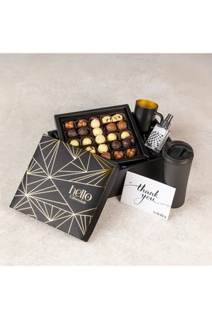 Premium Siyah Çikolata Hediye Kutusu Seti - Premium Çikolata - Executive Box - Çelik Termoslu, İçi Gold Kupa Bardaklı, Kolonyalı Kurumsal Tebrik Sepeti