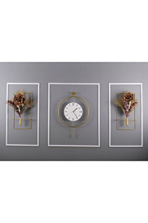 3'lü Gold Kristal Set - Büyük Boy (50X75CM) - Pilli Led - Modern (MOBİLYA) Duvar Saati