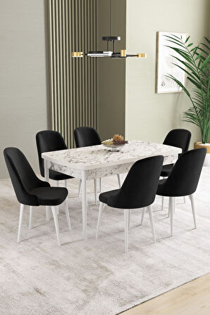 Ikon Beyaz Mermer 80x132 Açılabilir Mdf Masa Yemek Odası Takımı, Mutfak Takımı 6 Adet Sandalye