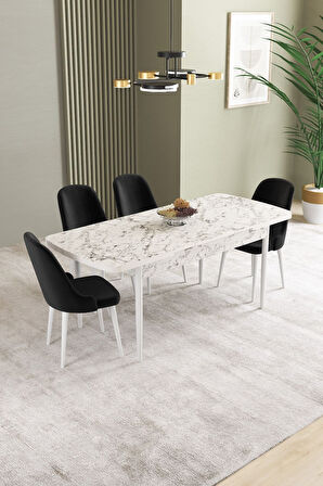 Ikon Beyaz Mermer 80x132 Açılabilir Mdf Masa Yemek Odası Takımı, Mutfak Takımı 4 Adet Sandalye