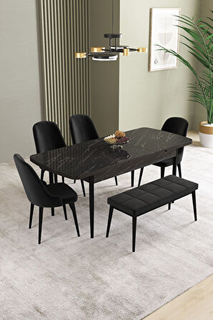 Ikon Siyah Mermer 80x132 Açılabilir Mdf Masa Yemek Odası Takımı, Mutfak Takımı 4 Sandalye, 1 Bench