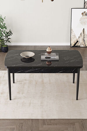 Ikon Siyah Mermer 80x132 Açılabilir Mdf Masa Yemek Odası Takımı, Mutfak Takımı 4 Sandalye, 1 Bench