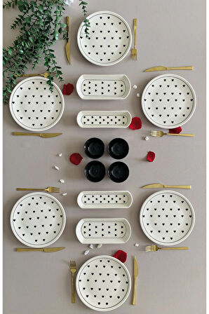 Siyah Kalp Desen 6 Kişilik 14 Parça Sosluklu Kahvaltı Takımı