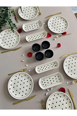 Siyah Kalp Desen 6 Kişilik 14 Parça Sosluklu Kahvaltı Takımı