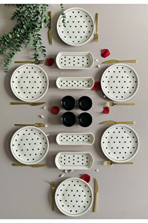 Siyah Kalp Desen 6 Kişilik 14 Parça Sosluklu Kahvaltı Takımı