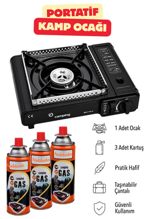 (4'lü Set) Portatif Taşınabilir Kamp Ocağı Tek Gözlü 3 Adet Kartuş Gezi Piknik Yemek Pişirme Ocağı (SİYAH)