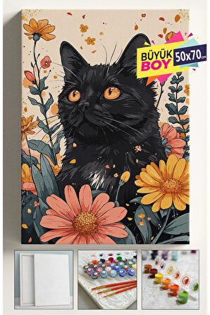 Sayılarla Boyama Seti Numaralı Tuval Fırça Boya Dahil Kasnaklı Set 50x70 Cm - SİYAH KEDİ VE ÇİÇEKLER