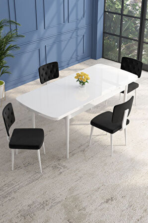 Lars Beyaz 80x132 Açılabilir Mdf Masa Yemek Odası Takımı,Mutfak Takımı 4 Adet Sandalye