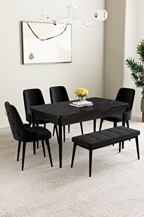 Mabel Siyah Mermer Desen 80x132 Açılabilir Mdf Masa Yemek Odası Takımı, Mutfak Takımı 4 Sandalye, 1 
