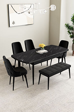 Mabel Siyah Mermer Desen 80x132 Açılabilir Mdf Masa Yemek Odası Takımı, Mutfak Takımı 4 Sandalye, 1 