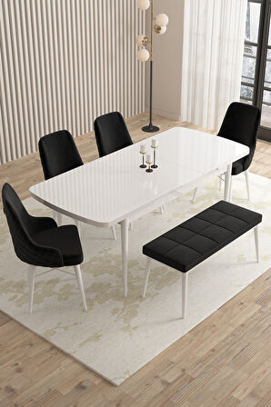 Mazaka Beyaz 80x132 Açılabilir Mdf Masa Yemek Odası Takımı, Mutfak Takımı 4 Sandalye 1 Bench