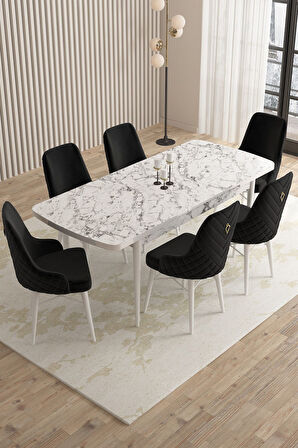 Mazaka Beyaz Mermer 80x132Açılabilir Mdf Masa Yemek Odası Takımı,Mutfak Takımı 6 Adet Sandalye