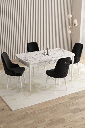 ​​​​​​Mazaka Beyaz Mermer 80x132Açılabilir Mdf Masa Yemek Odası Takımı,Mutfak Takımı 4 Adet Sandalye