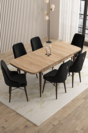 Mazaka Meşe Desen 80x132 Açılabilir Mdf Masa Yemek Odası Takımı, Mutfak Takımı 6 Adet Sandalye 