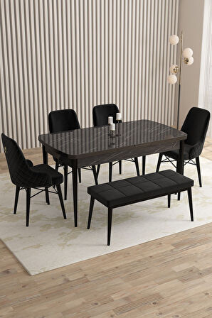 Mazaka Siyah Mermer 80x132 Açılabilir Mdf Masa Yemek Odası Takımı, Mutfak Takımı 4 Sandalye 1 Bench