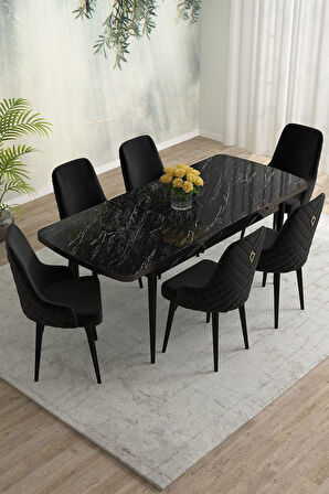 Meri Beyaz Mermer 80x132 Açılabilir Mdf Masa Yemek Odası Takımı,Mutfak Takımı 6 Adet Sandalye