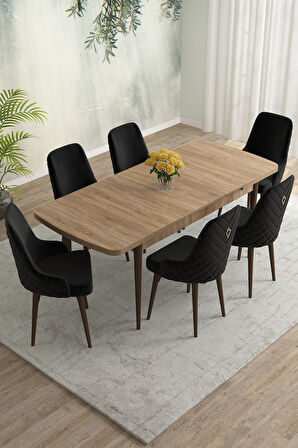 Meri Serisi Meşe Desen 80x132 Açılabilir Mdf Masa Yemek Odası Takımı, Mutfak Takımı 6 Adet Sandalye