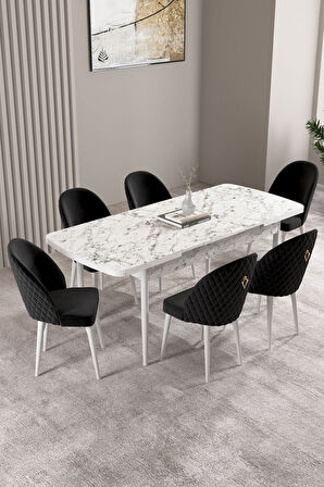 Milas Beyaz Mermer Desen 80x132 Açılabilir Mdf Masa Yemek Odası Takımı, Mutfak Takımı 6 Sandalye