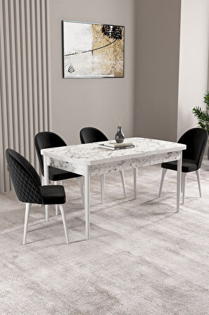 Milas Beyaz Mermer Desen 80x132 Açılabilir Mdf Masa Yemek Odası Takımı, Mutfak Takımı 4 Sandalye