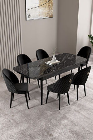 Milas Siyah Mermer Desen 80x132 Açılabilir Mdf Masa Yemek Odası Takımı,Mutfak Takımı 6 Adet Sandalye