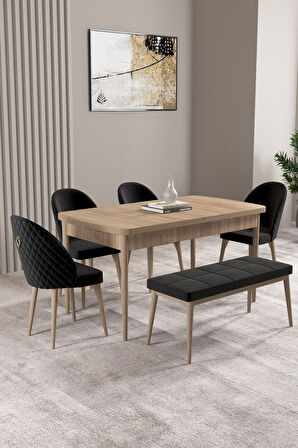 Milas Meşe Desen 80x132 Açılabilir Mdf Masa Yemek Odası Takımı, Mutfak Takımı 4 Sandalye, 1 Bench