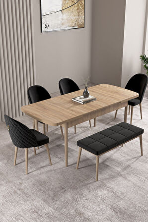 Milas Meşe Desen 80x132 Açılabilir Mdf Masa Yemek Odası Takımı, Mutfak Takımı 4 Sandalye, 1 Bench
