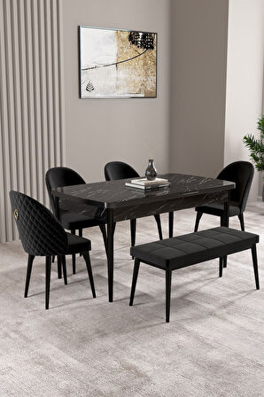 Milas Siyah Mermer Desen 80x132 Açılabilir Mdf Masa Yemek Odası Takımı,Mutfak Takımı 4 Sandalye, 1 B