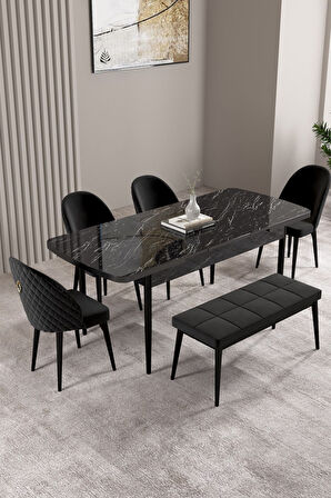 Milas Siyah Mermer Desen 80x132 Açılabilir Mdf Masa Yemek Odası Takımı,Mutfak Takımı 4 Sandalye, 1 B