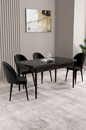 Milas Siyah Mermer Desen 80x132 Açılabilir Mdf Masa Yemek Odası Takımı,Mutfak Takımı 4 Adet Sandalye