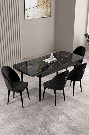 Milas Siyah Mermer Desen 80x132 Açılabilir Mdf Masa Yemek Odası Takımı,Mutfak Takımı 4 Adet Sandalye