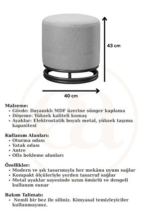 Nuvi Puf Siyah Metal Çerçeveli  Keten Çok Amaçlı Dekoratif Oturak, Makyaj Oturağı,Montajsız Puf Benc