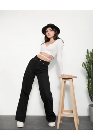 Lenithra Kadın Yüksel Bel Palazzo Geniş Paça Salaş Denim Jean Likrasız Siyah / 38
