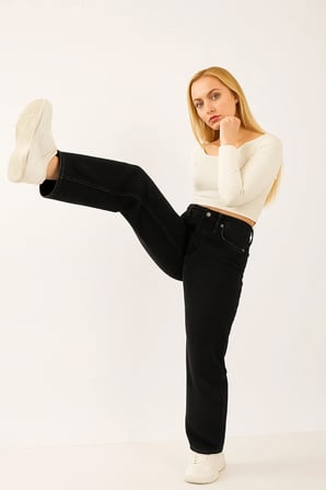 Lenithra Kadın Yüksel Bel Palazzo Geniş Paça Salaş Denim Jean Likrasız Siyah / 40