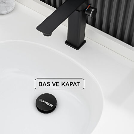 Siyah Pop-Up Lavabo Sifonu – Porselen Başlıklı, Taşmalı Lavabolarla Uyumlu, Kolay Kurulumlu