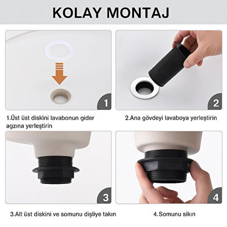 Siyah Pop-Up Lavabo Sifonu – Porselen Başlıklı, Taşmalı Lavabolarla Uyumlu, Kolay Kurulumlu