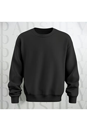 Baskısız Siyah Bisiklet Yaka Sweatshirt Kalın Kumaş 3 İplik