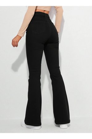 Kadın Yüksek Bel İspanyol Paça Power Likra Kot Denim Jean Siyah / 38