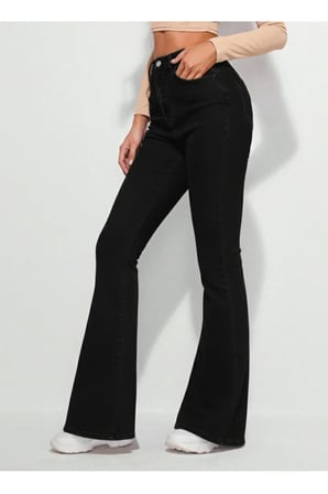 Kadın Yüksek Bel İspanyol Paça Power Likra Kot Denim Jean Siyah / 36
