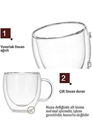 Çift Camlı Çift Cidarlı Cam Kupa 250 ml Ev Ofis Fincanı Isı Yalıtımlı Kulplu Cam Bardak Dmr-2037