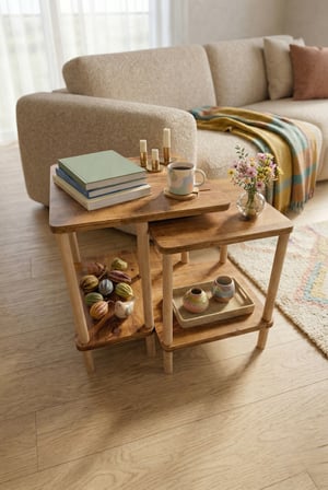 tridihome Modern Minimal Tasarım Yan Sehpa Dekoratif Ahşap Traverten,Meşe,Beyaz Zigon Sehpa 2li Set 40*50cm