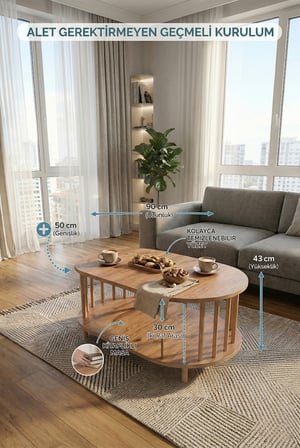 tridihome İskandinav Tarzı Atlantik çam, Safir meşe, Beyaz Alt Raflı Oval Orta Sehpa Dekoratif Salon Masası