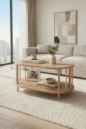 tridihome İskandinav Tarzı Atlantik çam, Safir meşe, Beyaz Alt Raflı Oval Orta Sehpa Dekoratif Salon Masası