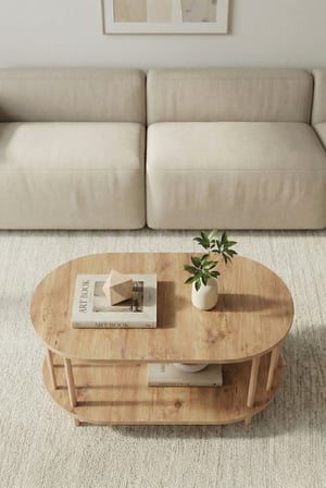 tridihome İskandinav Tarzı Atlantik çam, Safir meşe, Beyaz Alt Raflı Oval Orta Sehpa Dekoratif Salon Masası