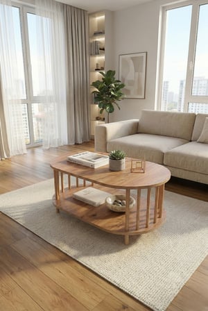 tridihome İskandinav Tarzı Atlantik çam, Safir meşe, Beyaz Alt Raflı Oval Orta Sehpa Dekoratif Salon Masası
