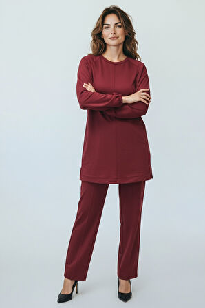 KADIN TUNİK ÖNÜ DİKİŞLİ ALTI BANTLI PANTOLONUN BELİ LASTİKLİ ÖNÜ DİKİŞLİ İKİLİ TAKIM