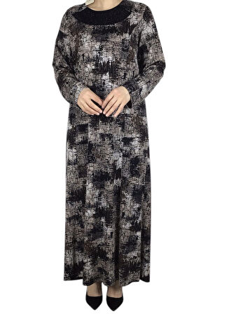 KADIN DESENLİ KULPLU BÜYÜK BEDEN ANNE ELBİSE