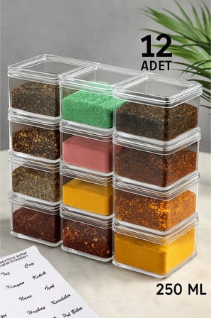 12'li 250 ml Akrilik Baharatlık Seti Saklama Kabı (ŞEFFAF ETİKET HEDİYELİ)