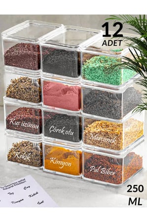12'li 250 ml Akrilik Baharatlık Seti Saklama Kabı (ŞEFFAF ETİKET HEDİYELİ)